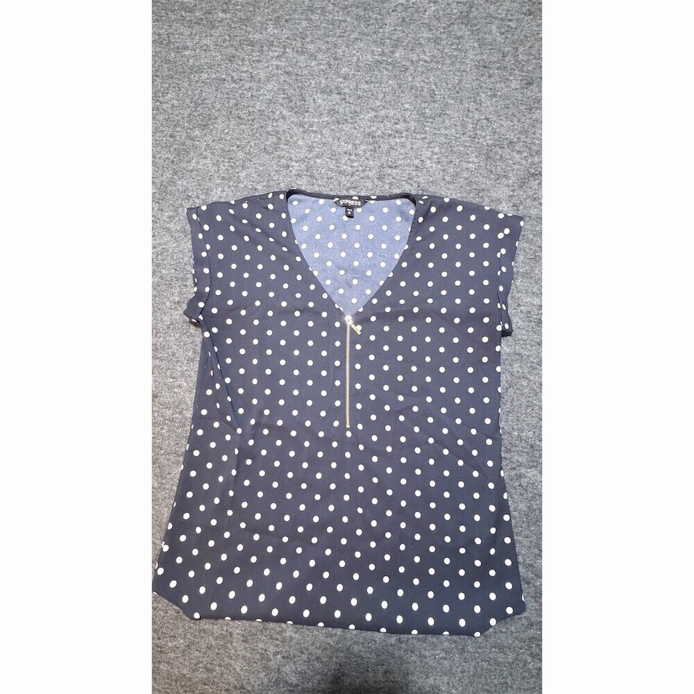 Express Blouse Womens Size M Navy Blue White Polka Dot V-Neck Half-Zip